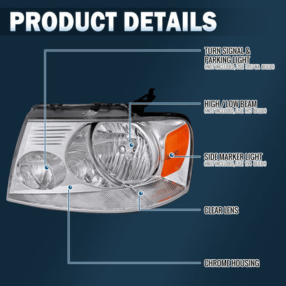 Ronnin - Compatible con Ford F150 2004-2008 Lincoln Mark LT | Par de conjuntos de faros halógenos de repuesto | Cromado