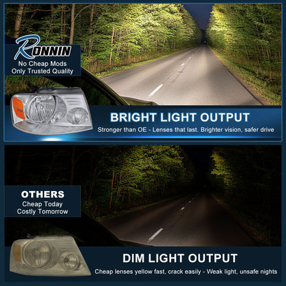 Ronnin - Compatible con Ford F150 2004-2008 Lincoln Mark LT | Par de conjuntos de faros halógenos de repuesto | Cromado