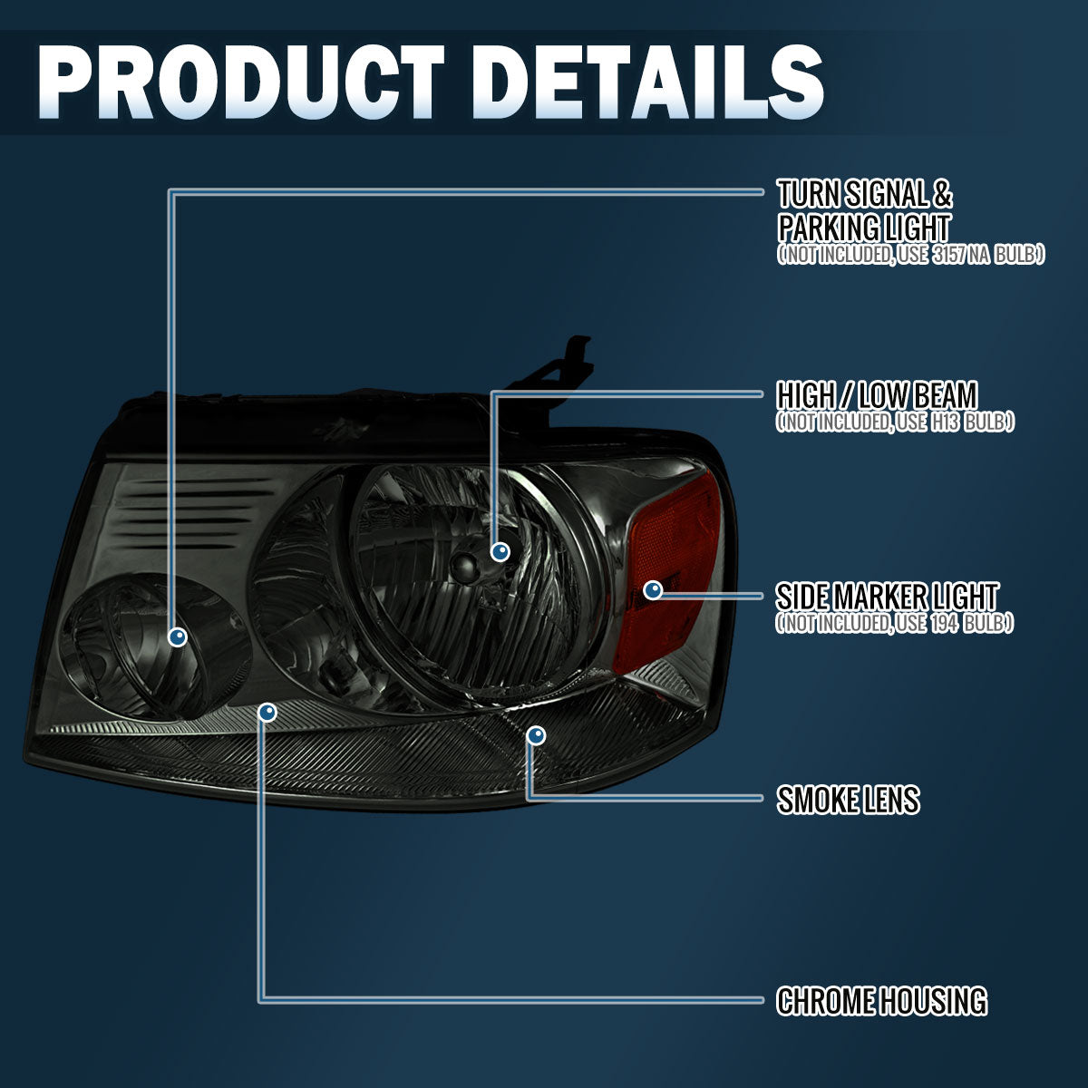 Ronnin - Compatible con Ford F150 2004-2008 Lincoln Mark LT Par de Faros Halógenos de Repuesto | Ahumado