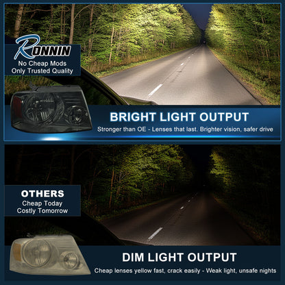 Ronnin - Compatible con Ford F150 2004-2008 Lincoln Mark LT Par de Faros Halógenos de Repuesto | Ahumado