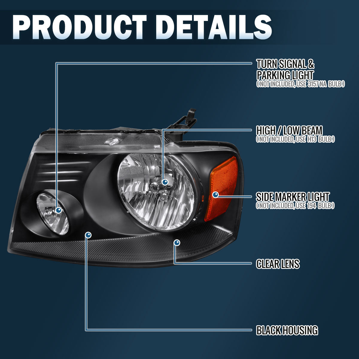 2004-2008 Ford F150 Lincoln Mark LT  Replacement Halogen Headlights Assembly Pair | Black