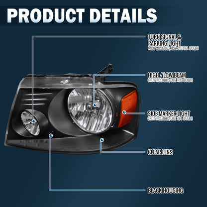 2004-2008 Ford F150 Lincoln Mark LT  Replacement Halogen Headlights Assembly Pair | Black
