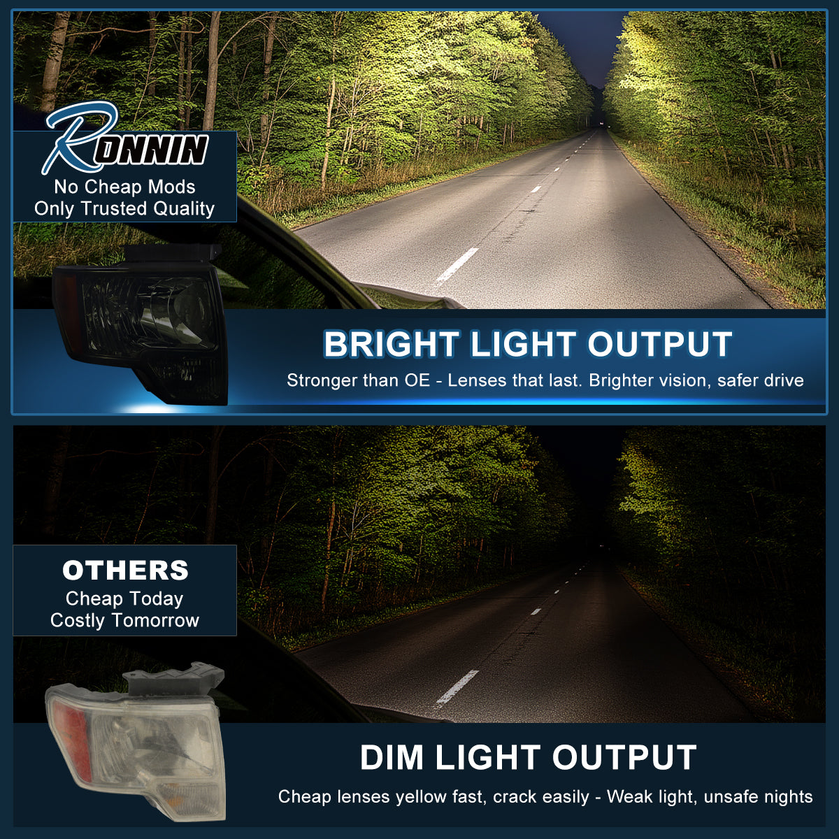 Ronnin - Compatible con Ford F-150 2009-2014 | Par de faros halógenos de repuesto | Ahumados