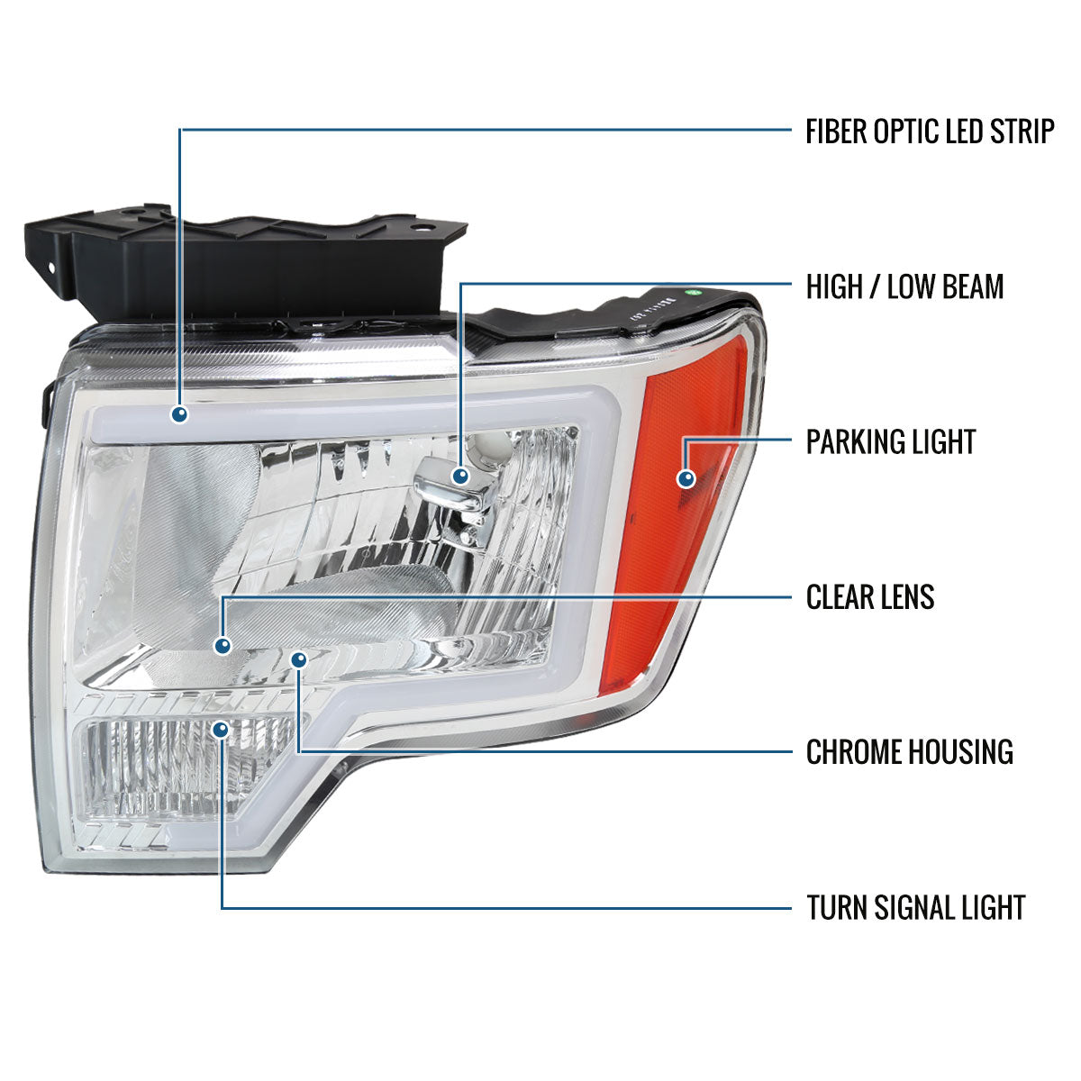 Ronnin - Fits 2009-2014 Ford F150 LED Tube Headlights Replacement Assembly Pair | Chrome