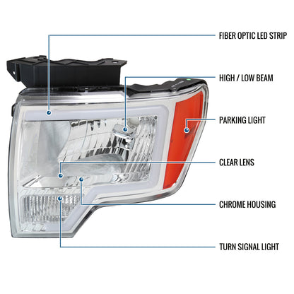 Ronnin - Fits 2009-2014 Ford F150 LED Tube Headlights Replacement Assembly Pair | Chrome