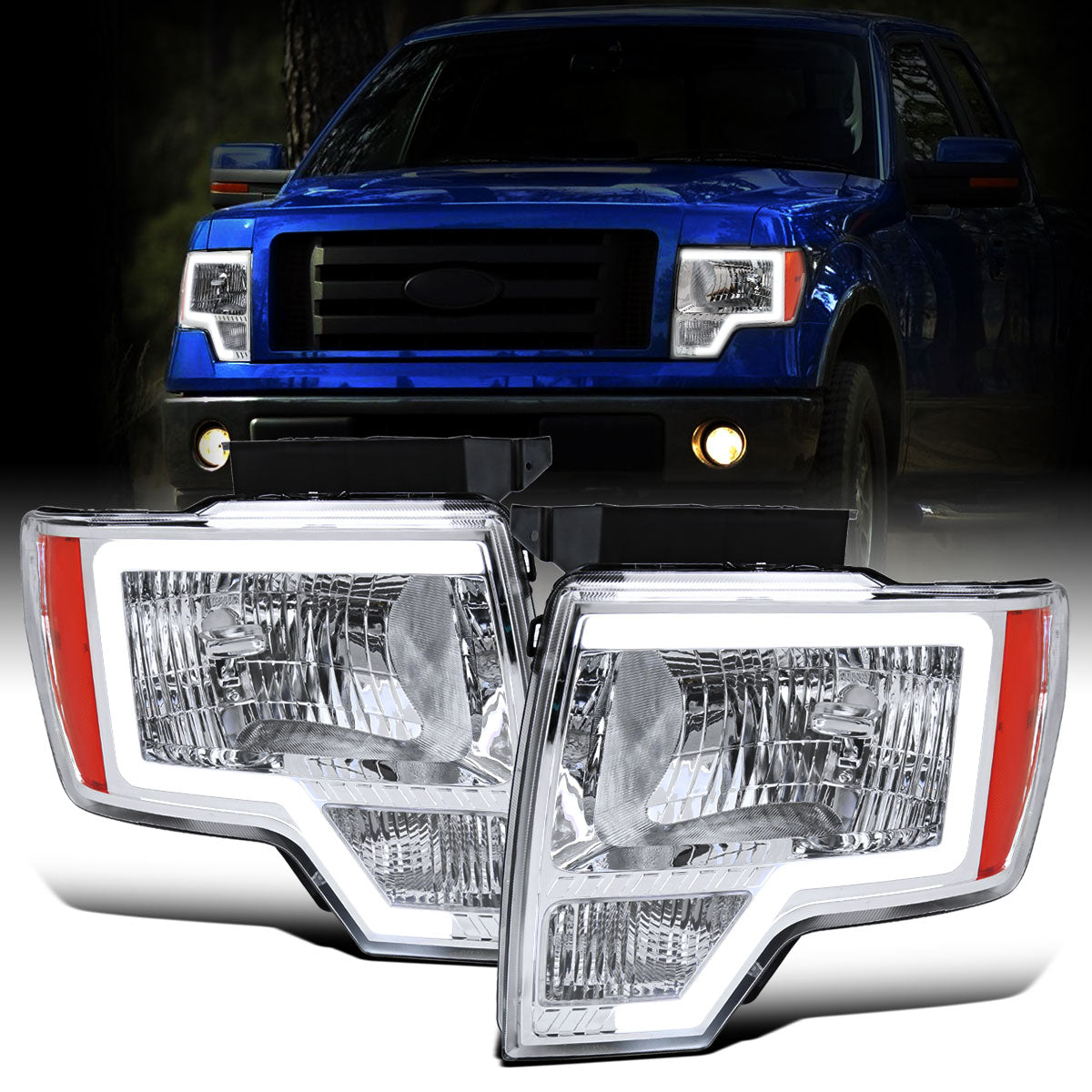 Ronnin - Fits 2009-2014 Ford F150 LED Tube Headlights Replacement Assembly Pair | Chrome