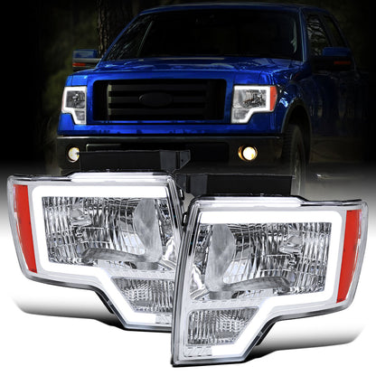 Ronnin - Fits 2009-2014 Ford F150 LED Tube Headlights Replacement Assembly Pair | Chrome