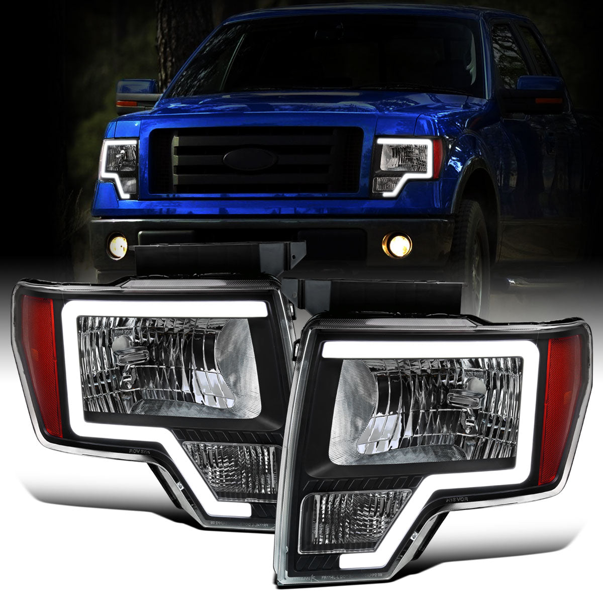 Ronnin - Fits 2009-2014 Ford F150 Pickup Truck LED Tube Headlights Replacement Assembly Pair | Black