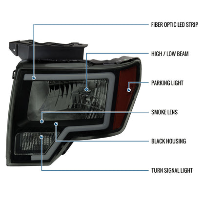 Ronnin - Fits 2009-2014 Ford F150 Pickup Truck LED Tube Headlights Replacement Assembly Pair | Black Smoke