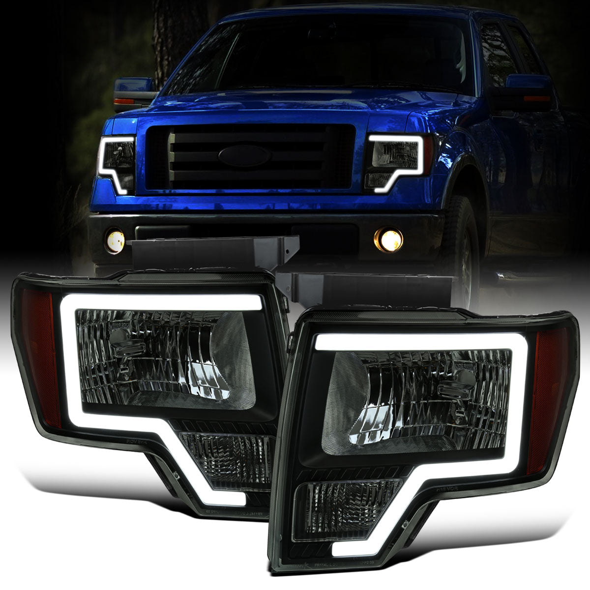 Ronnin - Fits 2009-2014 Ford F150 Pickup Truck LED Tube Headlights Replacement Assembly Pair | Black Smoke