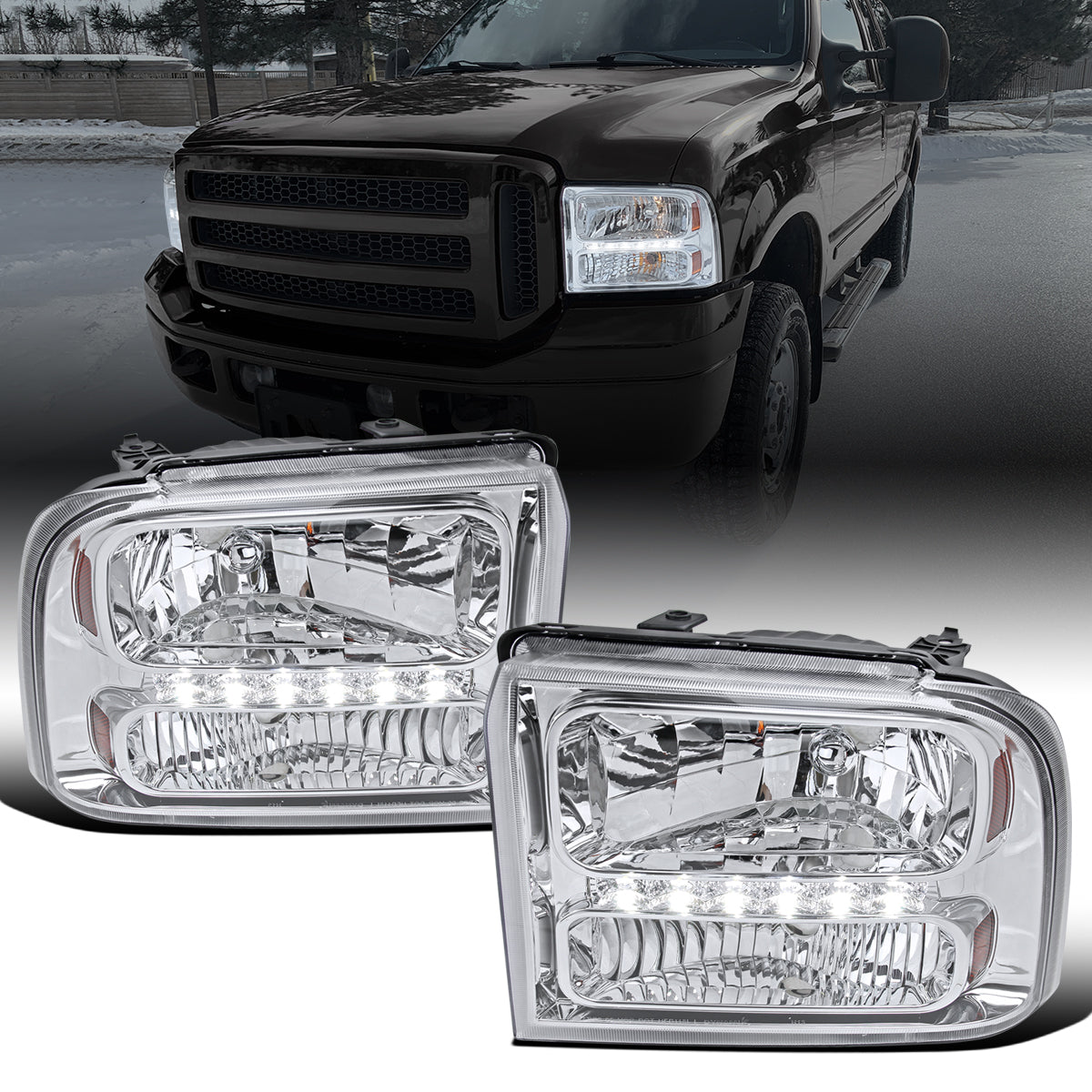 Ronnin - Fits 2005-2007 Ford F250 F350 F450 F550 2005 US Excursion Upgraded Headlights LED Running Lights Assembly Pair | Chrome