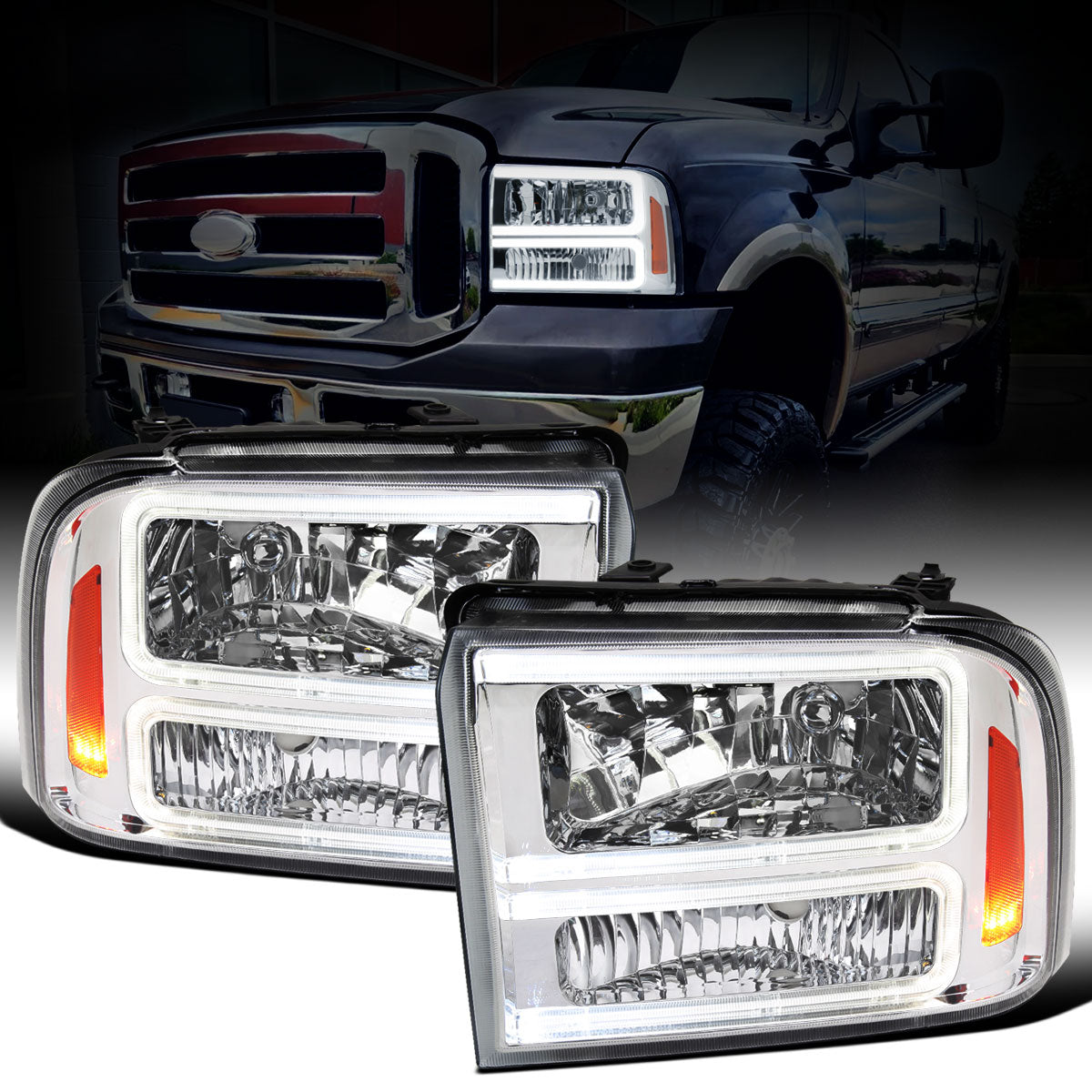 Ronnin - Fits 2005-2007 Ford F250 F350 F450 F550 Super Duty/2005 Excursion Upgraded LED Tube Running Lights Headlights Replacement Assembly Pair | Chrome
