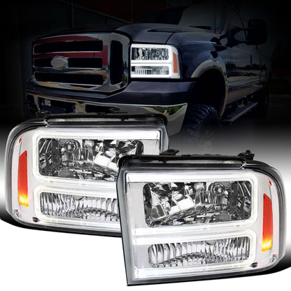 Ronnin - Fits 2005-2007 Ford F250 F350 F450 F550 Super Duty/2005 Excursion Upgraded LED Tube Running Lights Headlights Replacement Assembly Pair | Chrome