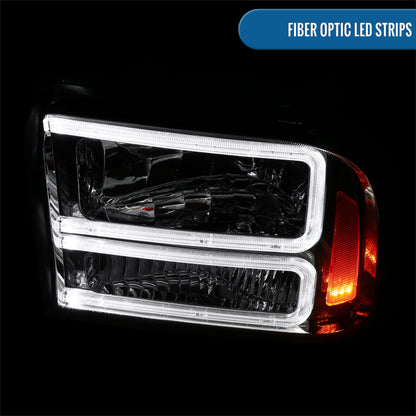 Ronnin - Fits 2005-2007 Ford F250 F350 F450 F550 Super Duty/2005 Excursion Upgraded LED Tube Running Lights Headlights Replacement Assembly Pair | Smoke