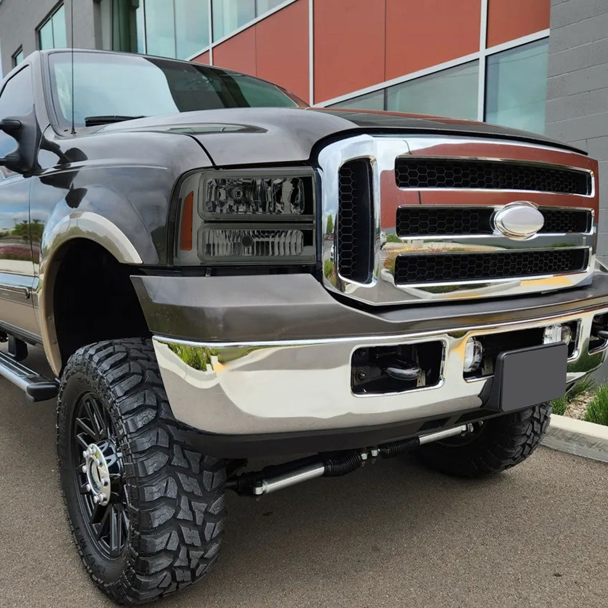 Ronnin - Fits 2005-2007 Ford F250 F350 F450 F550 Super Duty/2005 Excursion Upgraded LED Tube Running Lights Headlights Replacement Assembly Pair | Smoke