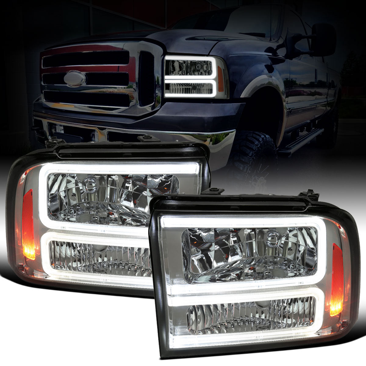 Ronnin - Fits 2005-2007 Ford F250 F350 F450 F550 Super Duty/2005 Excursion Upgraded LED Tube Running Lights Headlights Replacement Assembly Pair | Smoke