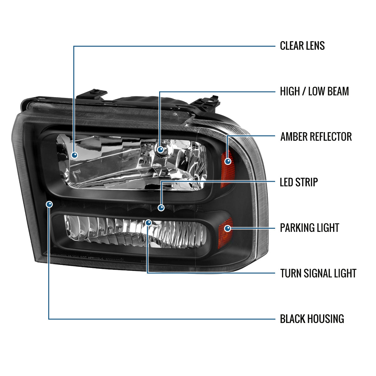 Ronnin - Fits 2005-2007 Ford F250 F350 F450 F550 2005 US Excursion Upgraded Headlights LED Running Lights Assembly Pair | Black