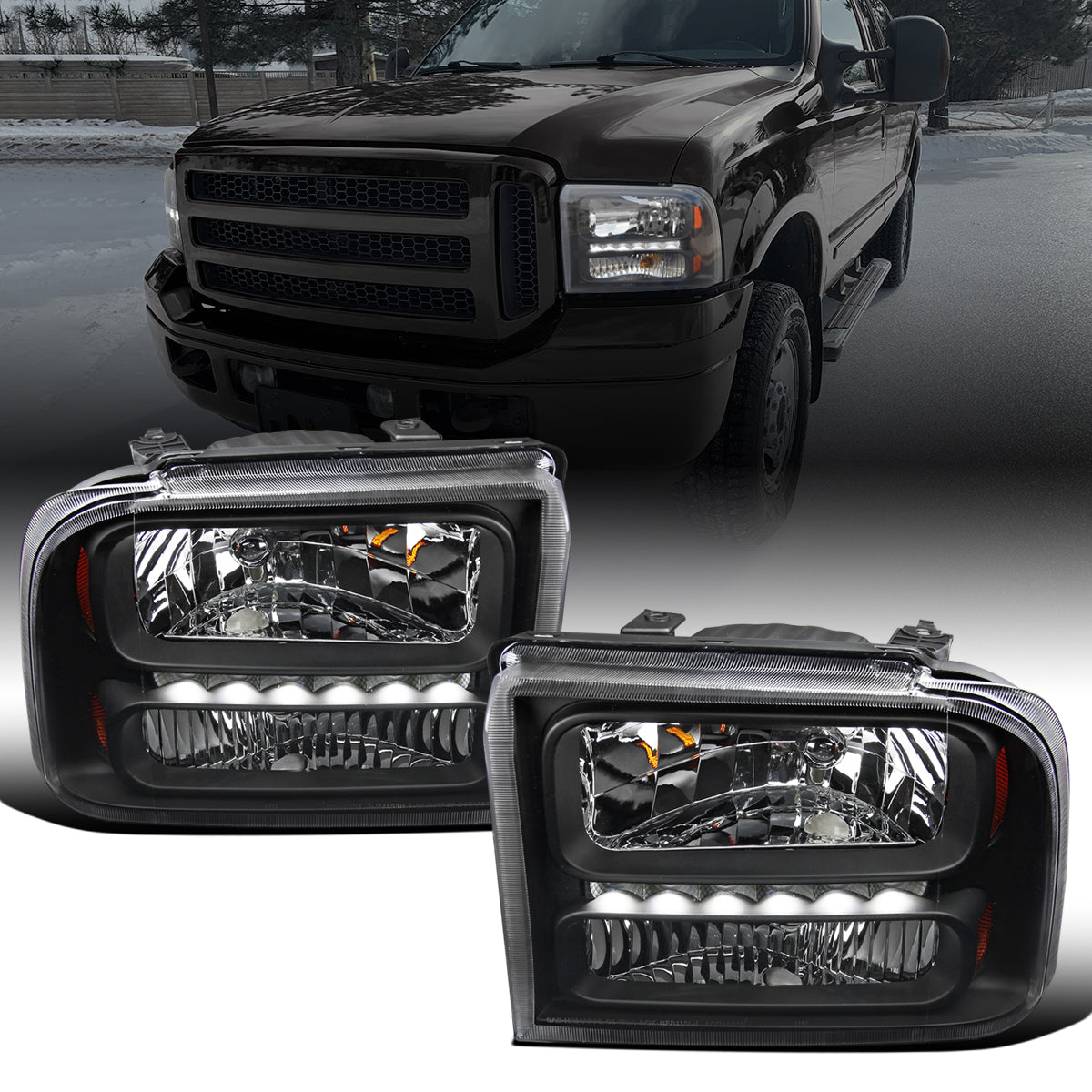 Ronnin - Fits 2005-2007 Ford F250 F350 F450 F550 2005 US Excursion Upgraded Headlights LED Running Lights Assembly Pair | Black