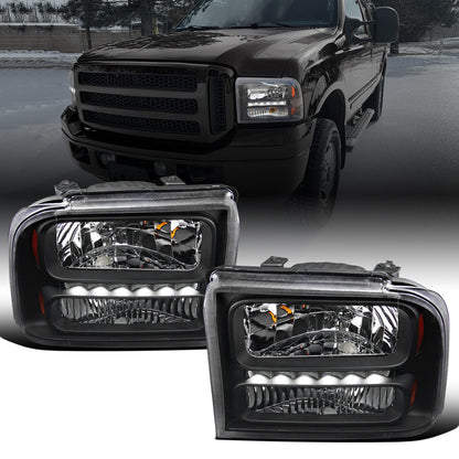 Ronnin - Fits 2005-2007 Ford F250 F350 F450 F550 2005 US Excursion Upgraded Headlights LED Running Lights Assembly Pair | Black