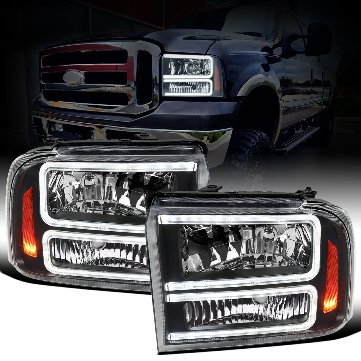 Ronnin - Fits 2005-2007 Ford F250 F350 F450 F550 Super Duty/2005 Excursion Upgraded LED Tube Running Lights Headlights Replacement Assembly Pair | Black