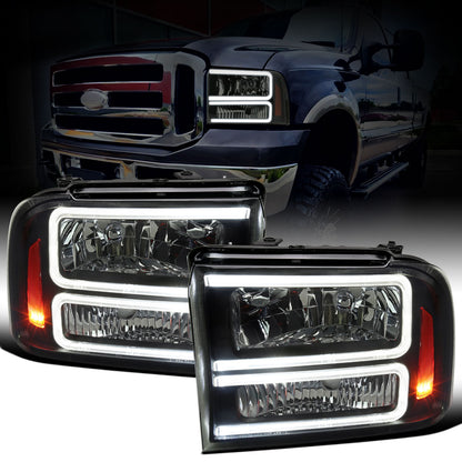 Ronnin - Fits 2005-2007 Ford F250 F350 F450 F550 Super Duty/2005 Excursion Upgraded LED Tube Running Lights Headlights Replacement Assembly Pair | Black Smoke