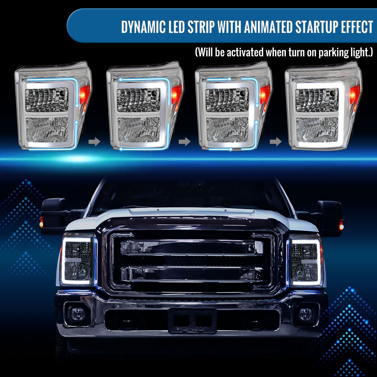 Ronnin - Fits 2011-2016 Ford F250 F350 F450 F550 Super Duty Upgraded LED Tube Animated Startup Effect Headlights Replacement Assembly Pair | Chrome