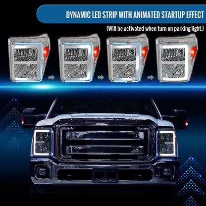 Ronnin - Fits 2011-2016 Ford F250 F350 F450 F550 Super Duty Upgraded LED Tube Animated Startup Effect Headlights Replacement Assembly Pair | Chrome