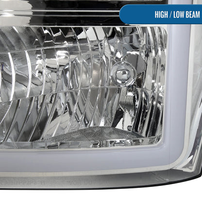 Ronnin - Fits 2011-2016 Ford F250 F350 F450 F550 Super Duty Upgraded LED Tube Animated Startup Effect Headlights Replacement Assembly Pair | Chrome