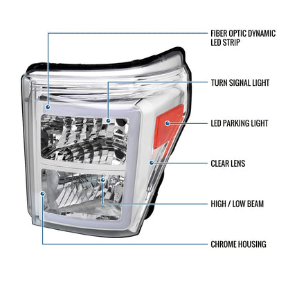 Ronnin - Fits 2011-2016 Ford F250 F350 F450 F550 Super Duty Upgraded LED Tube Animated Startup Effect Headlights Replacement Assembly Pair | Chrome