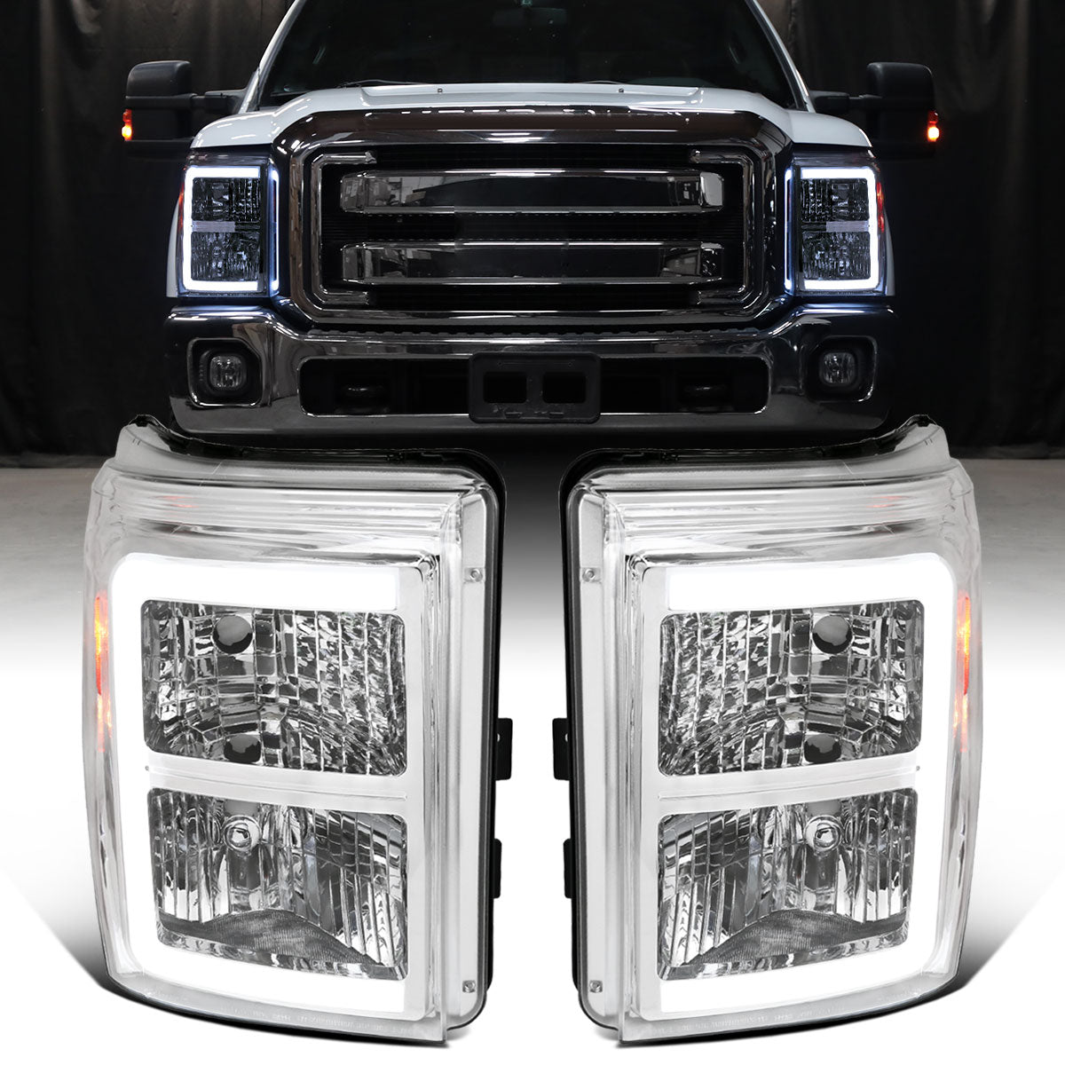 Ronnin - Fits 2011-2016 Ford F250 F350 F450 F550 Super Duty Upgraded LED Tube Animated Startup Effect Headlights Replacement Assembly Pair | Chrome