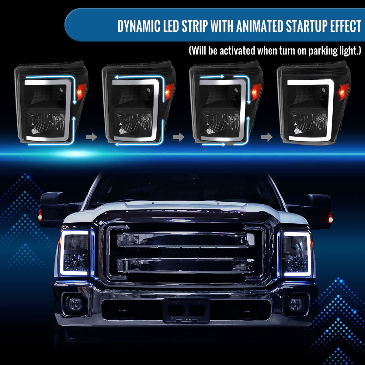 Ronnin - Fits 2011-2016 Ford F250 F350 F450 F550 Super Duty Upgraded LED Tube Headlights Replacement Animated Startup Effect  Assembly Pair | Black