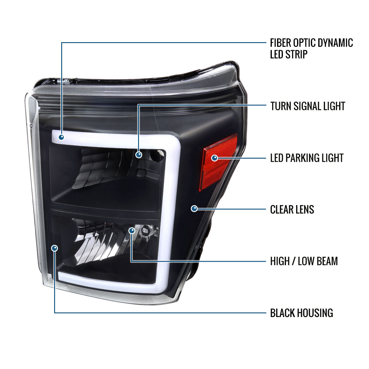 Ronnin - Fits 2011-2016 Ford F250 F350 F450 F550 Super Duty Upgraded LED Tube Headlights Replacement Animated Startup Effect  Assembly Pair | Black