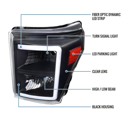 Ronnin - Fits 2011-2016 Ford F250 F350 F450 F550 Super Duty Upgraded LED Tube Headlights Replacement Animated Startup Effect  Assembly Pair | Black