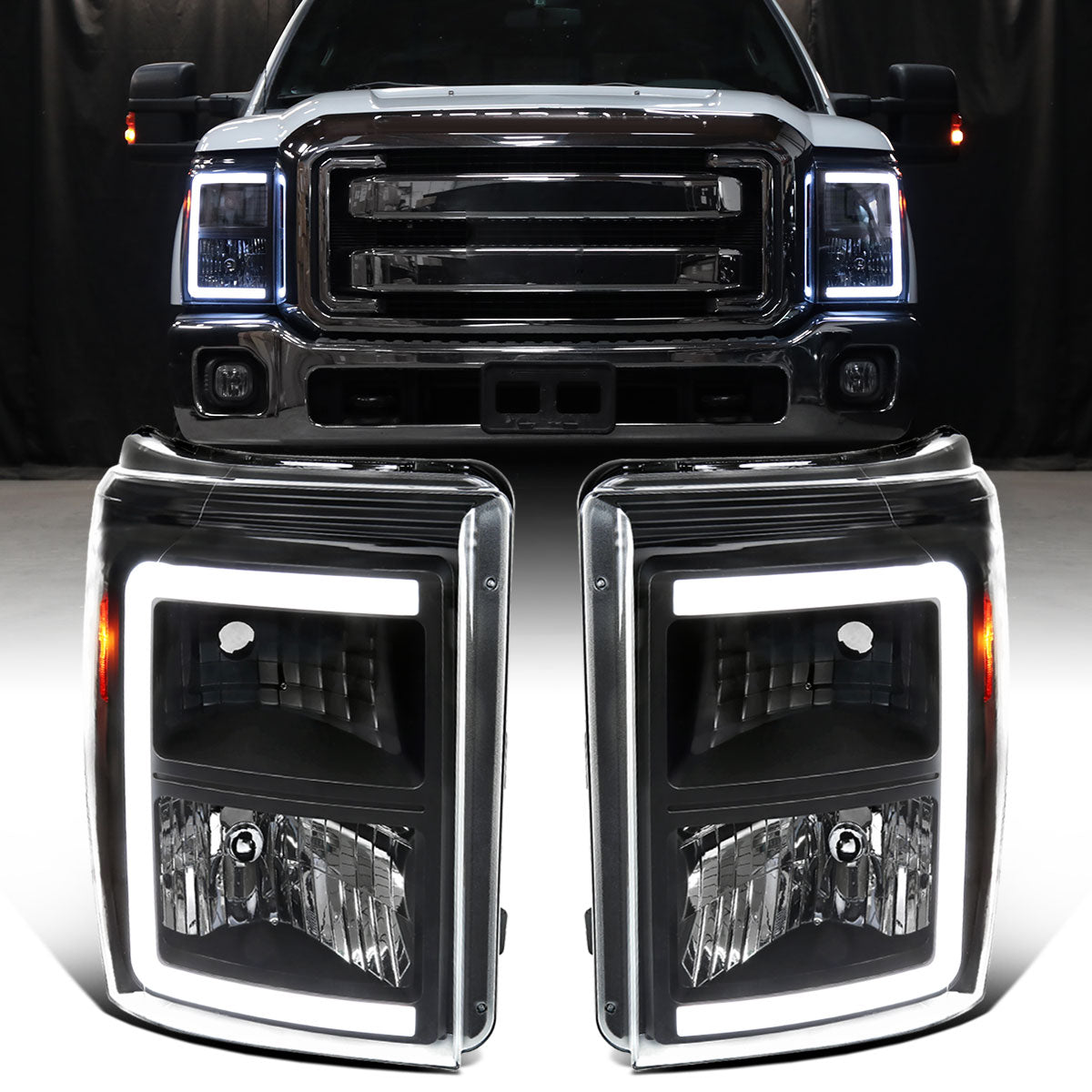Ronnin - Fits 2011-2016 Ford F250 F350 F450 F550 Super Duty Upgraded LED Tube Headlights Replacement Animated Startup Effect  Assembly Pair | Black