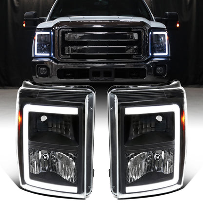 Ronnin - Fits 2011-2016 Ford F250 F350 F450 F550 Super Duty Upgraded LED Tube Headlights Replacement Animated Startup Effect  Assembly Pair | Black