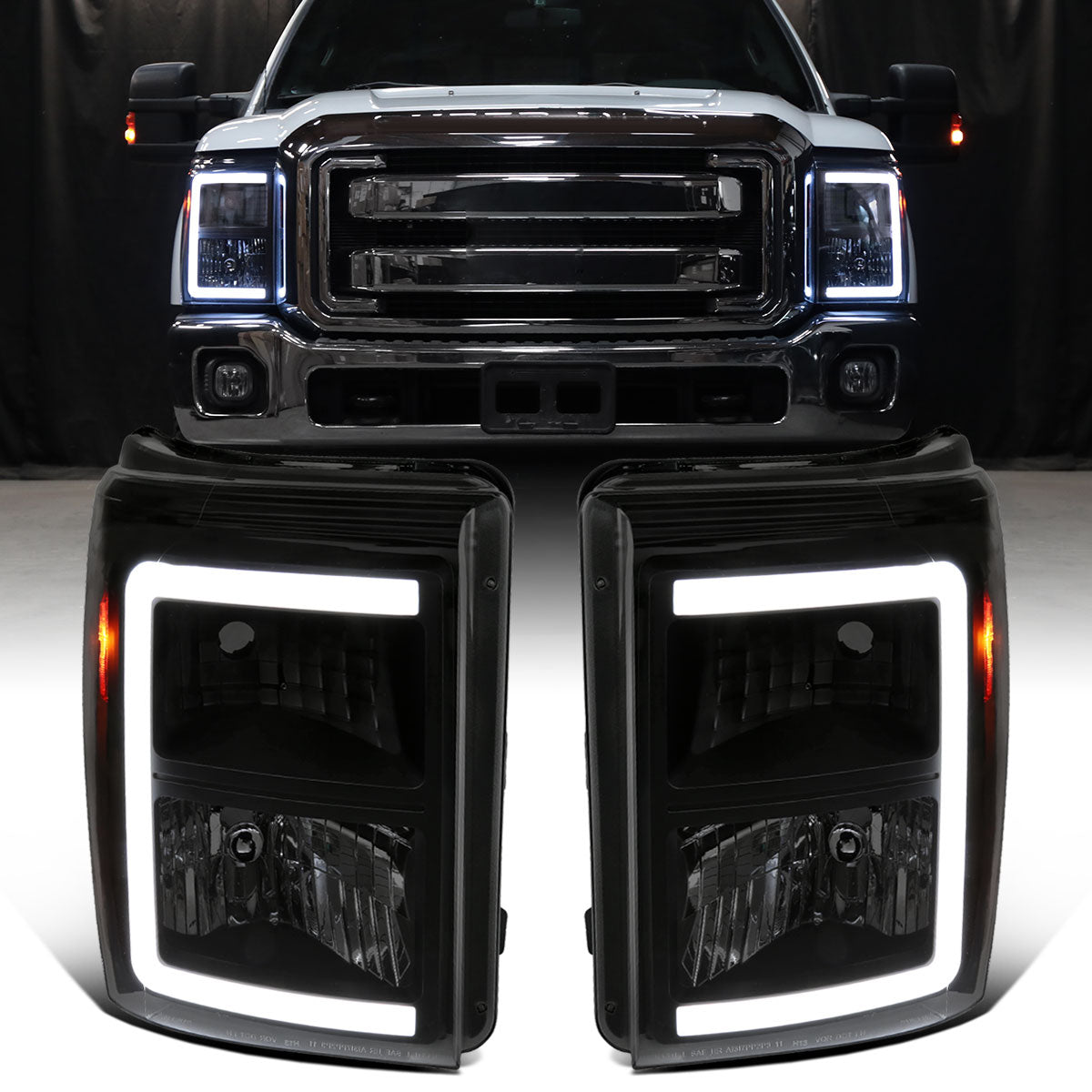 Ronnin - Fits 2011-2016 Ford F250 F350 F450 F550 Super Duty Upgraded LED Tube Headlights Replacement Animated Startup Effect  Assembly Pair | Black Smoke