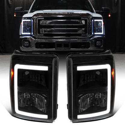 Ronnin - Fits 2011-2016 Ford F250 F350 F450 F550 Super Duty Upgraded LED Tube Headlights Replacement Animated Startup Effect  Assembly Pair | Black Smoke