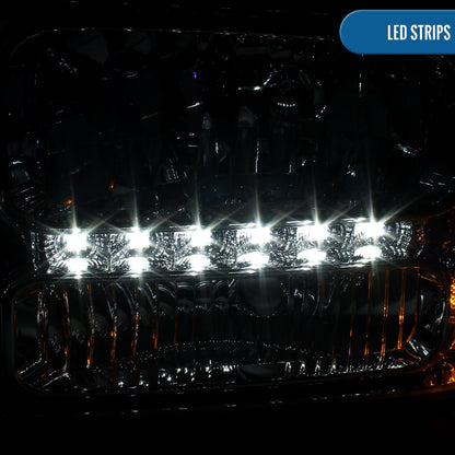 Ronnin - Fits 1999-2004 Ford F250 F350 F450 F550 Super Duty 2000-2004 Ford Excursion LED Strip Headlights Assembly Pair | Smoke