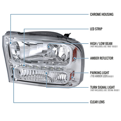 Ronnin - Fits 1999-2004 Ford F250 F350 F450 F550 Super Duty 2000-2004 Ford Excursion LED Strip Headlights Assembly Pair | Chrome