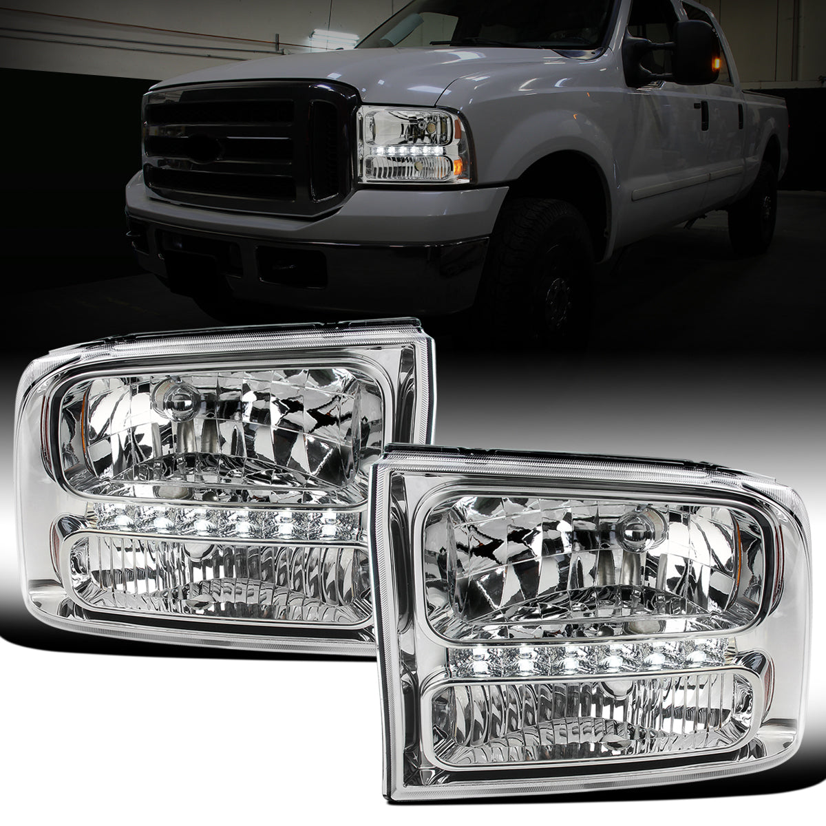 Ronnin - Fits 1999-2004 Ford F250 F350 F450 F550 Super Duty 2000-2004 Ford Excursion LED Strip Headlights Assembly Pair | Chrome