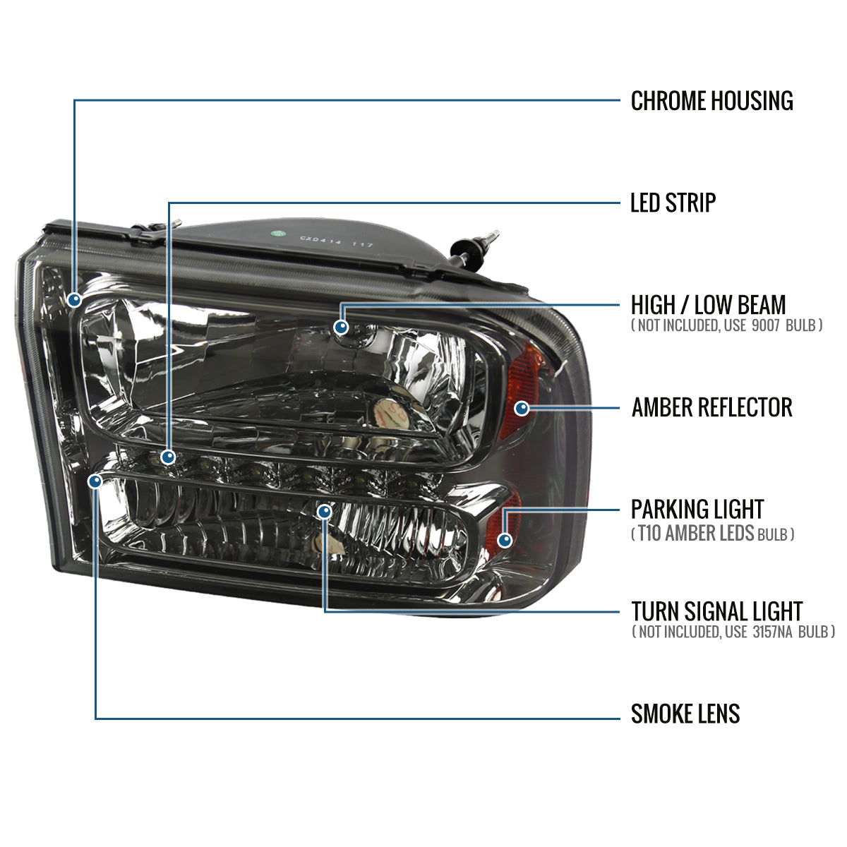 Ronnin - Fits 1999-2004 Ford F250 F350 F450 F550 Super Duty 2000-2004 Ford Excursion LED Strip Headlights Assembly Pair | Smoke