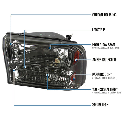 Ronnin - Fits 1999-2004 Ford F250 F350 F450 F550 Super Duty 2000-2004 Ford Excursion LED Strip Headlights Assembly Pair | Smoke