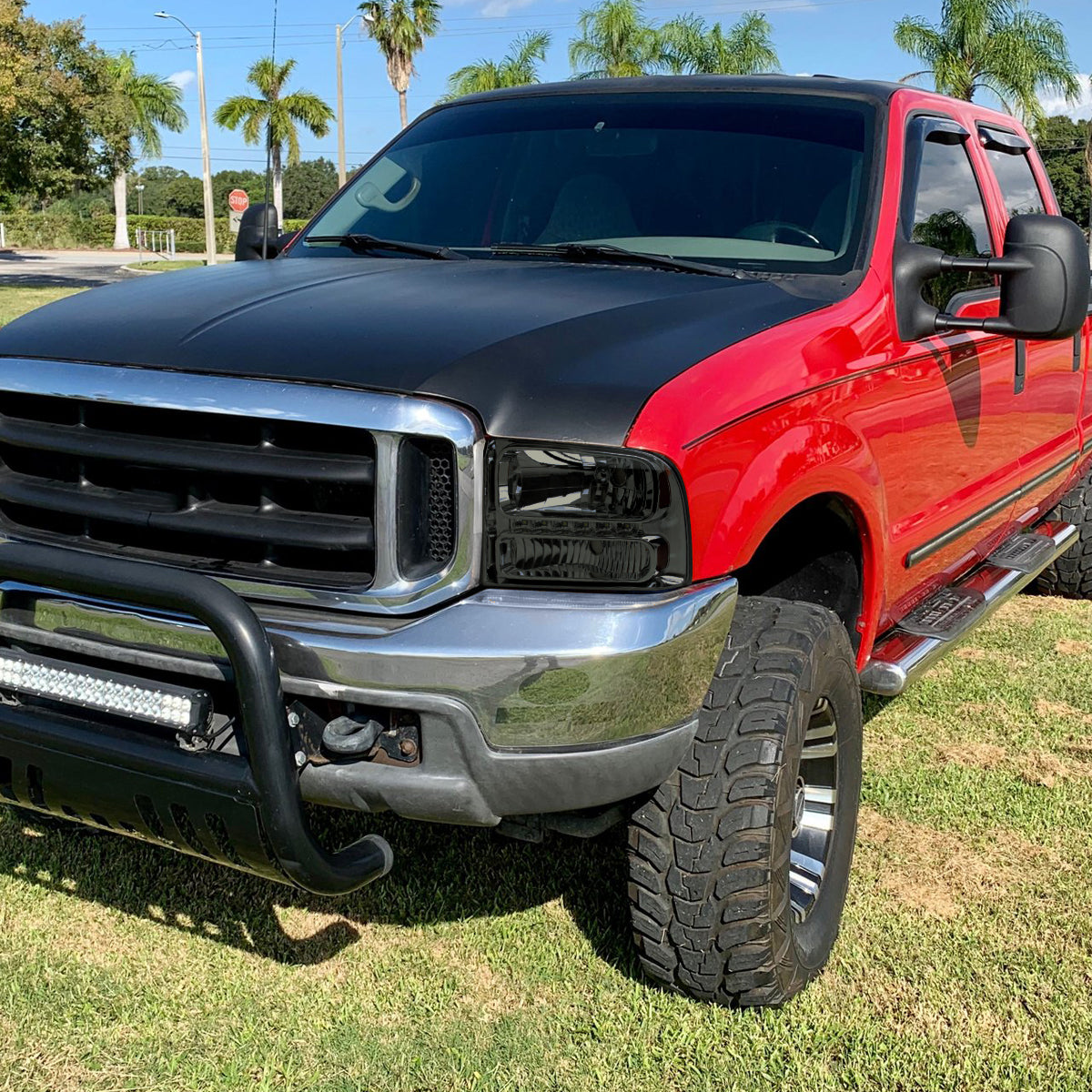 Ronnin - Fits 1999-2004 Ford F250 F350 F450 F550 Super Duty 2000-2004 Ford Excursion LED Strip Headlights Assembly Pair | Smoke