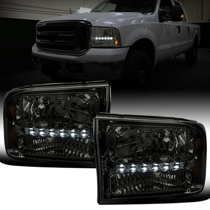 Ronnin - Fits 1999-2004 Ford F250 F350 F450 F550 Super Duty 2000-2004 Ford Excursion LED Strip Headlights Assembly Pair | Smoke