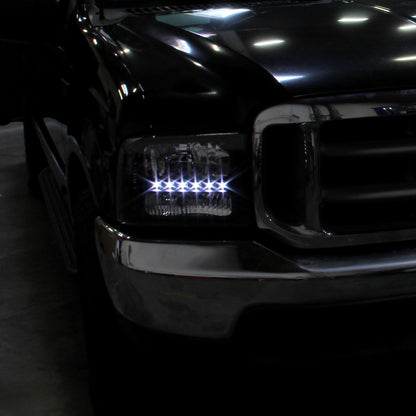 Ronnin - Fits 1999-2004 Ford F250 F350 F450 F550 Super Duty 2000-2004 Ford Excursion LED Strip Headlights Assembly Pair | Black