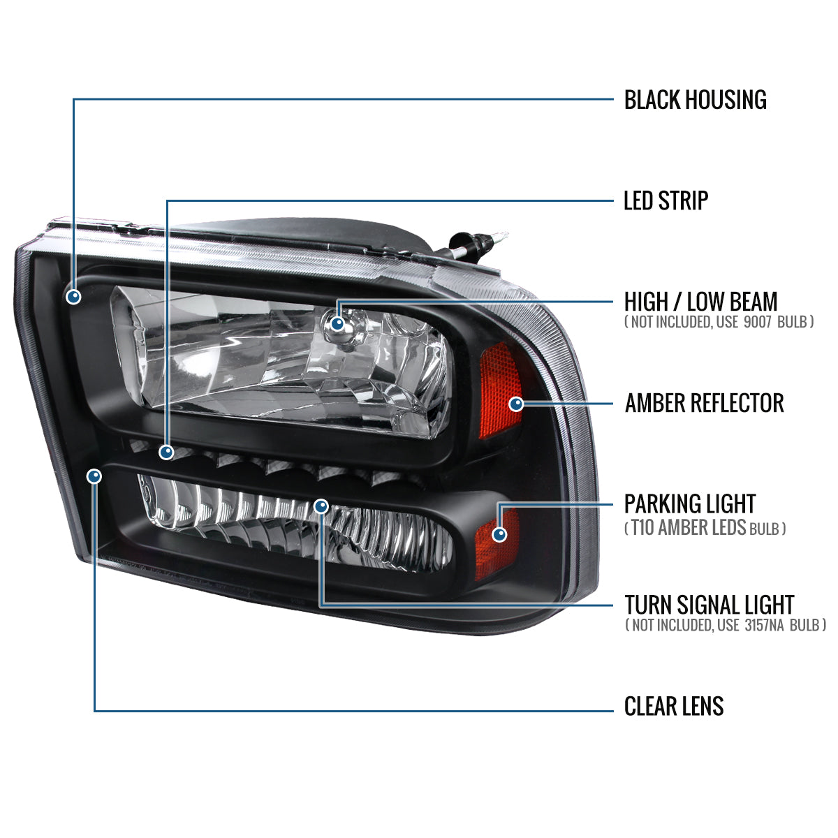 Ronnin - Fits 1999-2004 Ford F250 F350 F450 F550 Super Duty 2000-2004 Ford Excursion LED Strip Headlights Assembly Pair | Black