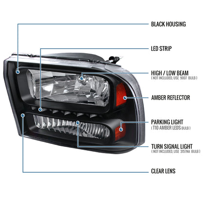 Ronnin - Fits 1999-2004 Ford F250 F350 F450 F550 Super Duty 2000-2004 Ford Excursion LED Strip Headlights Assembly Pair | Black