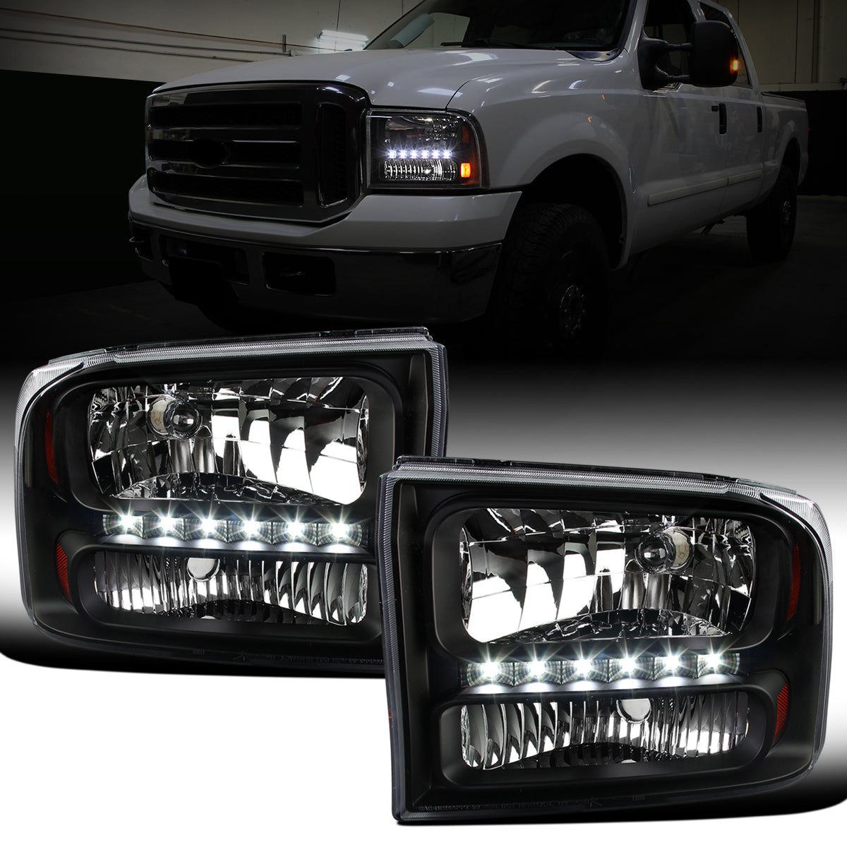 Ronnin - Fits 1999-2004 Ford F250 F350 F450 F550 Super Duty 2000-2004 Ford Excursion LED Strip Headlights Assembly Pair | Black