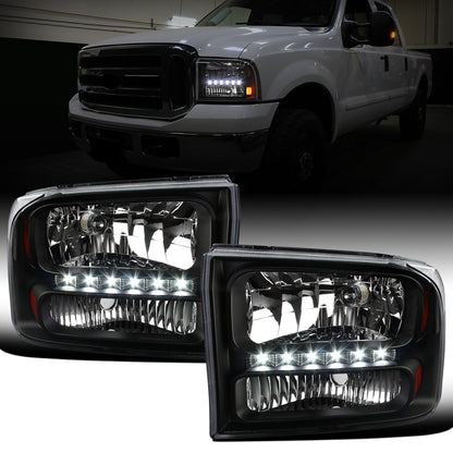 Ronnin - Fits 1999-2004 Ford F250 F350 F450 F550 Super Duty 2000-2004 Ford Excursion LED Strip Headlights Assembly Pair | Black
