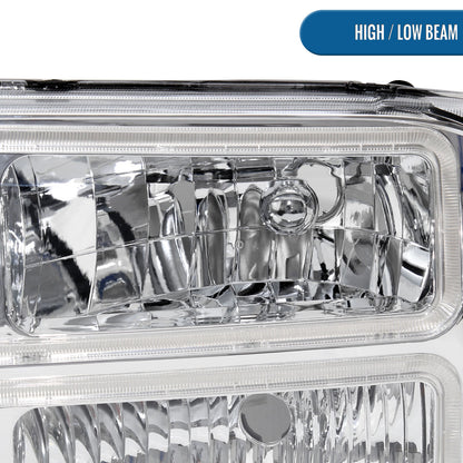 Ronnin - Fits 1999-2004 Ford F250 F350 F450 F550 Super Duty 2000-2004 Ford Excursion LED Tube Headlights Assembly Pair | Chrome